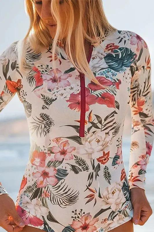 Pink Floral Zip Long Sleeve UPF50 Rash Guard for Sun Protection - Love Salve